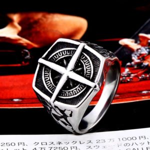 BEIER Fashion lychee viking geometric stainless steel men pirate compass ring Punk Cross Finger ring Vintage 1 300x300 - Cross Compass Ring